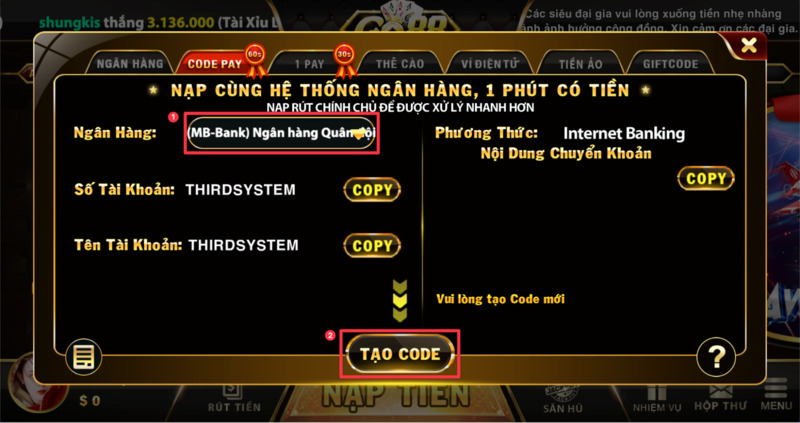 cách nạp tiền go88 bằng CODEPAY