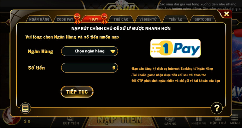 hướng dẫn nạp tiền go88 bằng 1pay