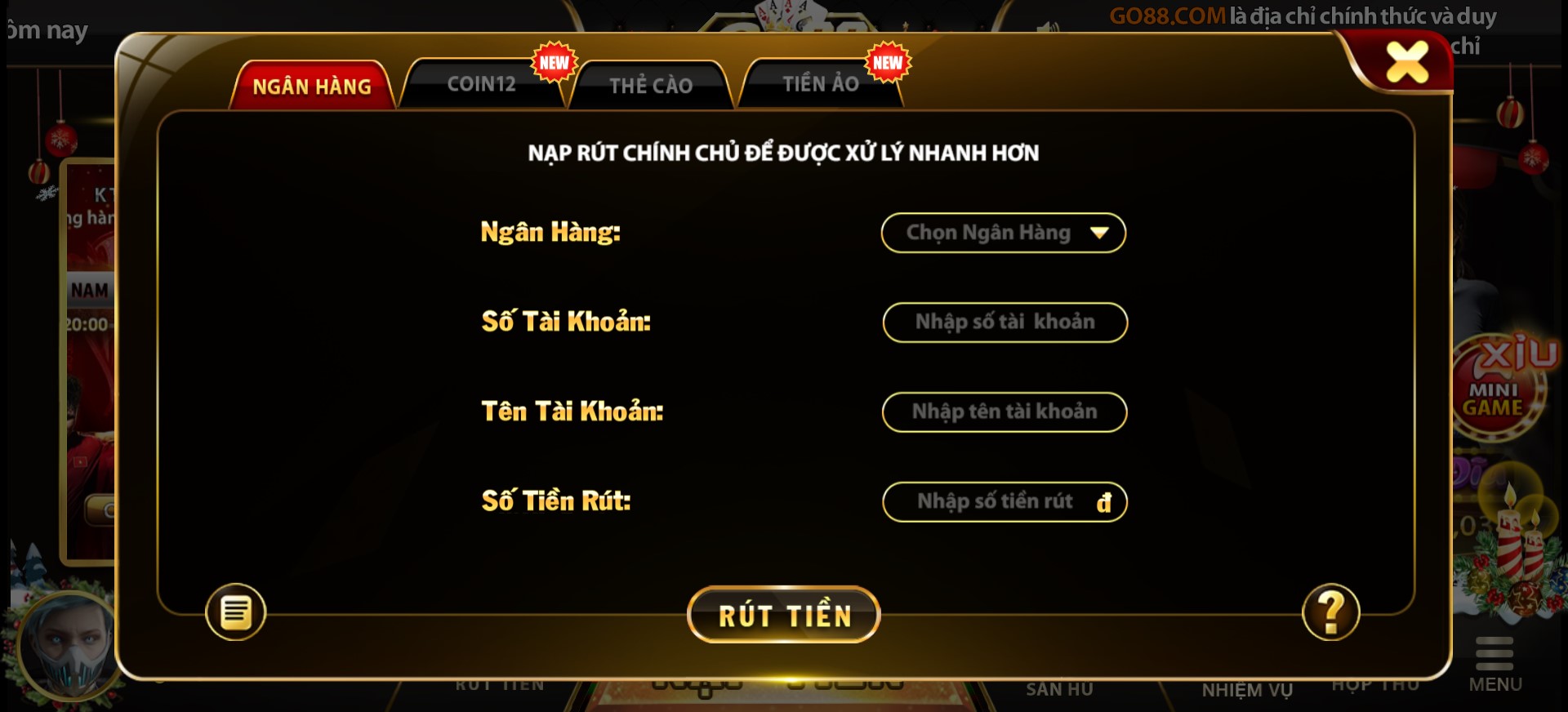 Cách rút tiền qua ngân hàng tại Go88